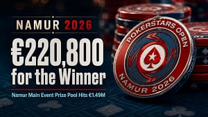 Photorealistic PokerStars Open Namur 2026 poker chip cover image featuring €220,800 winner prize and €1.49M Main Event prize pool headline