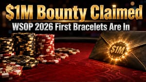 Photorealistic poker cover image showing a glowing $1M bounty envelope and poker chips for a WSOP 2026 week one recap.
