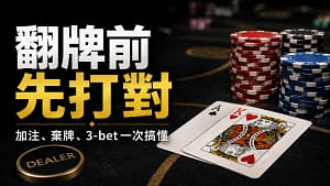 德州撲克翻牌前策略封面圖,深色牌桌上有籌碼、底牌與醒目標題,主題是加注、棄牌與3-bet決策。