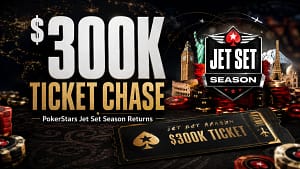 PokerStars Jet Set Season $300K Ticket Chase cover image with Jet Set Season logo, poker chips, travel landmarks, flight paths, and Sunday Million Anniversary ticket promotion