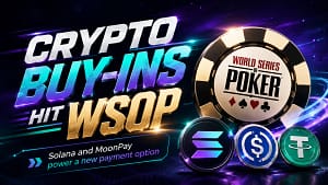 WSOP Solana crypto buy-ins cover image showing poker chips, USDC, USDT and Solana tokens for MoonPay-powered tournament payments